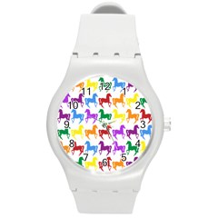 Colorful Horse Background Wallpaper Round Plastic Sport Watch (m) by Amaryn4rt