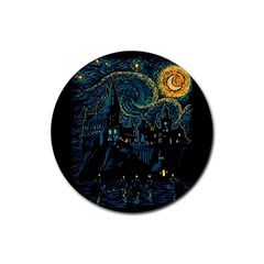 Castle Starry Night Van Gogh Parody Rubber Round Coaster (4 Pack) by Sarkoni