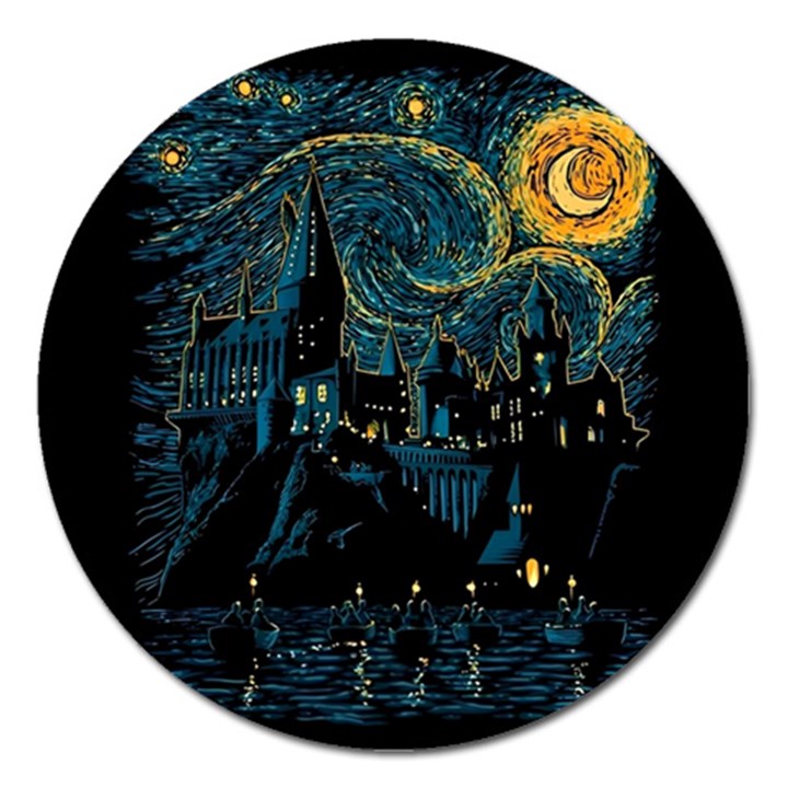 Castle Starry Night Van Gogh Parody Magnet 5  (Round)