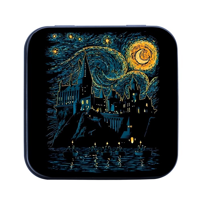 Castle Starry Night Van Gogh Parody Square Metal Box (Black)