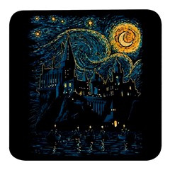 Castle Starry Night Van Gogh Parody Square Glass Fridge Magnet (4 Pack) by Sarkoni