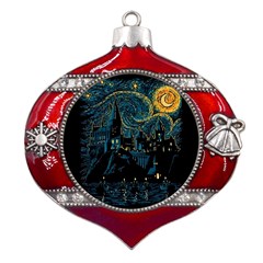 Castle Starry Night Van Gogh Parody Metal Snowflake And Bell Red Ornament by Sarkoni