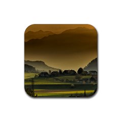 Mountains Village Trees Hills Rubber Coaster (square) by Sarkoni