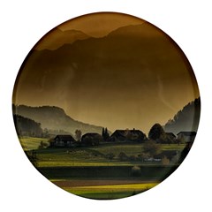 Mountains Village Trees Hills Round Glass Fridge Magnet (4 Pack) by Sarkoni