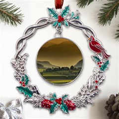 Mountains Village Trees Hills Metal X mas Wreath Holly Leaf Ornament by Sarkoni