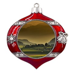 Mountains Village Trees Hills Metal Snowflake And Bell Red Ornament