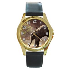 Baby Elephant Watering Hole Round Gold Metal Watch by Sarkoni