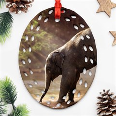 Baby Elephant Watering Hole Oval Filigree Ornament (two Sides) by Sarkoni