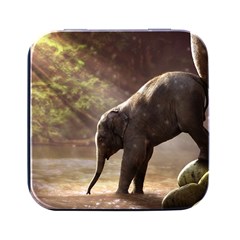 Baby Elephant Watering Hole Square Metal Box (black) by Sarkoni