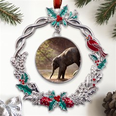 Baby Elephant Watering Hole Metal X mas Wreath Holly Leaf Ornament by Sarkoni