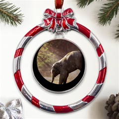 Baby Elephant Watering Hole Metal Red Ribbon Round Ornament by Sarkoni