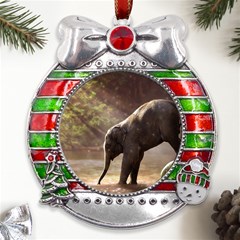 Baby Elephant Watering Hole Metal X mas Ribbon With Red Crystal Round Ornament by Sarkoni