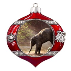 Baby Elephant Watering Hole Metal Snowflake And Bell Red Ornament by Sarkoni