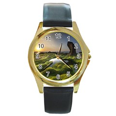 Coast Algae Sea Beach Shore Round Gold Metal Watch by Sarkoni