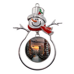 River Buildings City Urban Metal Snowman Ornament