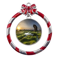 Coast Algae Sea Beach Shore Metal Red Ribbon Round Ornament by Sarkoni