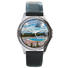 Mountains Trail Forest Yellowstone Round Metal Watch by Sarkoni