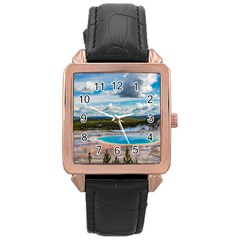 Mountains Trail Forest Yellowstone Rose Gold Leather Watch  by Sarkoni