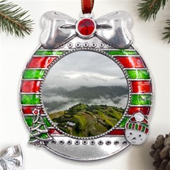 Residential Paddy Field Step Cloud Metal X mas Ribbon With Red Crystal Round Ornament by Sarkoni