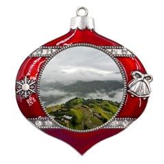 Residential Paddy Field Step Cloud Metal Snowflake And Bell Red Ornament by Sarkoni