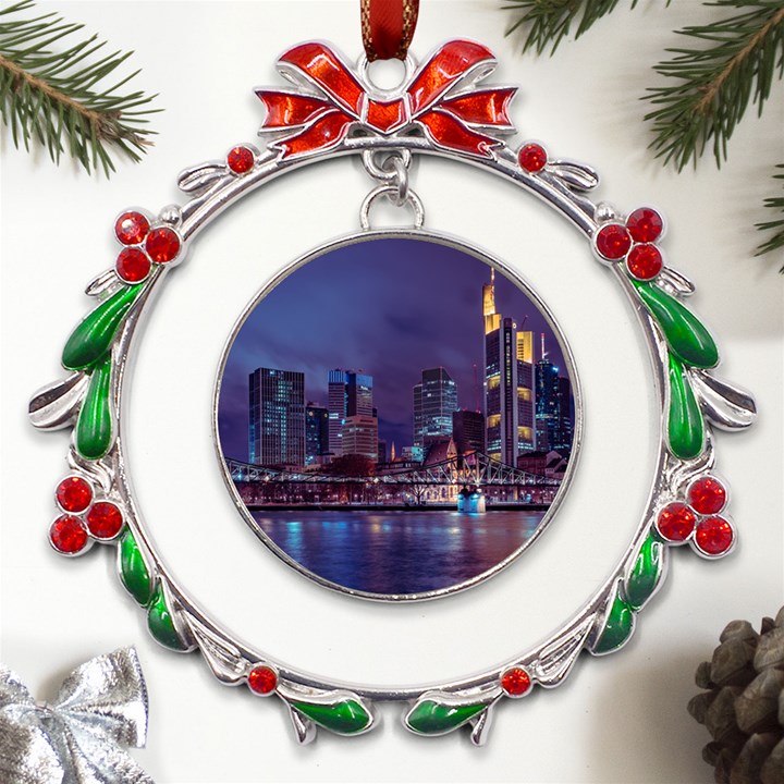 Frankfurt City Skyline Skyscraper Metal X mas Wreath Ribbon Ornament