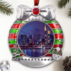 Frankfurt City Skyline Skyscraper Metal X mas Ribbon With Red Crystal Round Ornament by Sarkoni