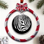 Animal Cute Pattern Art Zebra Metal Red Ribbon Round Ornament Front