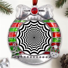 Spider Web Hypnotic Metal X mas Ribbon With Red Crystal Round Ornament by Amaryn4rt