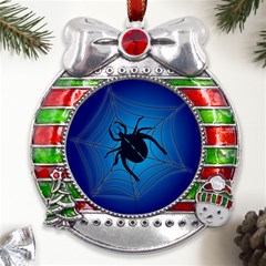 Spider On Web Metal X mas Ribbon With Red Crystal Round Ornament by Amaryn4rt