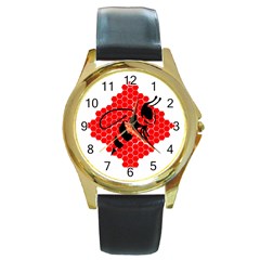 Bee Logo Honeycomb Red Wasp Honey Round Gold Metal Watch by Amaryn4rt