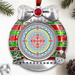 Drawing Mandala Art Metal X mas Ribbon With Red Crystal Round Ornament by Amaryn4rt