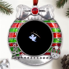 Ghost Night Night Sky Small Sweet Metal X mas Ribbon With Red Crystal Round Ornament by Amaryn4rt