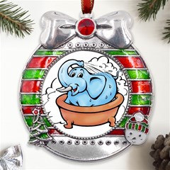 Elephant Bad Shower Metal X mas Ribbon With Red Crystal Round Ornament by Amaryn4rt