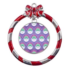 Background Floral Pattern Purple Metal Red Ribbon Round Ornament