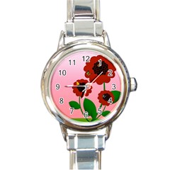 Flowers Butterflies Red Flowers Round Italian Charm Watch by Sarkoni