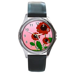 Flowers Butterflies Red Flowers Round Metal Watch by Sarkoni