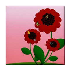 Flowers Butterflies Red Flowers Tile Coaster by Sarkoni