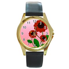 Flowers Butterflies Red Flowers Round Gold Metal Watch by Sarkoni