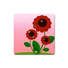 Flowers Butterflies Red Flowers Square Magnet by Sarkoni