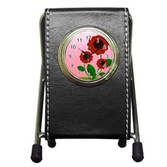 Flowers Butterflies Red Flowers Pen Holder Desk Clock by Sarkoni