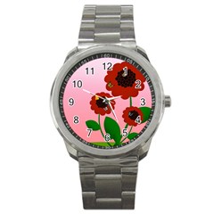 Flowers Butterflies Red Flowers Sport Metal Watch by Sarkoni