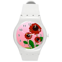 Flowers Butterflies Red Flowers Round Plastic Sport Watch (m) by Sarkoni