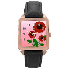 Flowers Butterflies Red Flowers Rose Gold Leather Watch  by Sarkoni