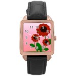 Flowers Butterflies Red Flowers Rose Gold Leather Watch  Front