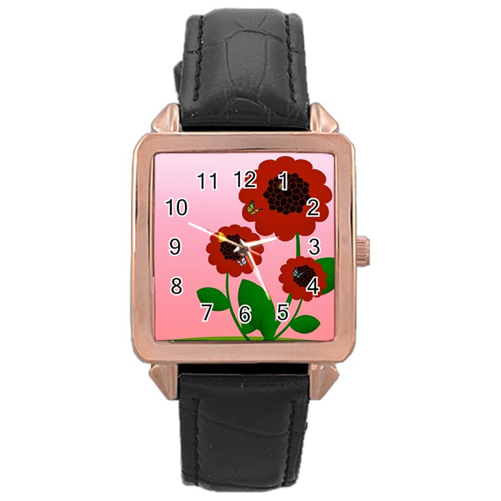 Flowers Butterflies Red Flowers Rose Gold Leather Watch 