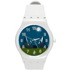 Vector Graphic Mountains Snow Wolf Round Plastic Sport Watch (m) by Sarkoni