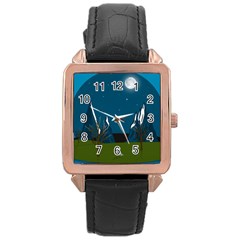 Vector Graphic Mountains Snow Wolf Rose Gold Leather Watch  by Sarkoni