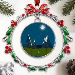 Vector Graphic Mountains Snow Wolf Metal X mas Wreath Ribbon Ornament by Sarkoni