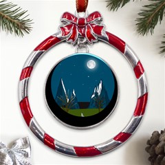 Vector Graphic Mountains Snow Wolf Metal Red Ribbon Round Ornament by Sarkoni