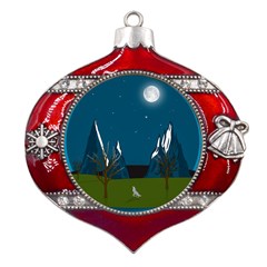 Vector Graphic Mountains Snow Wolf Metal Snowflake And Bell Red Ornament by Sarkoni